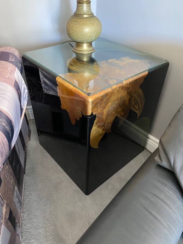 Black Lacquer Floral Side Table