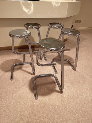 Set of 5 Mid Century Modern Chrome K700 Paperclip Tubular Bar Stools by Kinetics