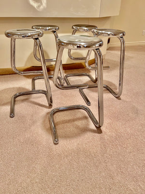 Set of 5 Mid Century Modern Chrome K700 Paperclip Tubular Bar Stools by Kinetics