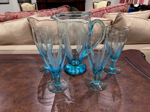 Vintage Blue Etched Glass Pitcher + 4 Glasses from Birks