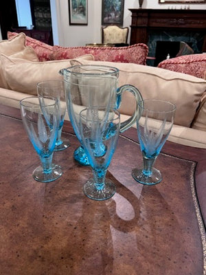 Vintage Blue Etched Glass Pitcher + 4 Glasses from Birks
