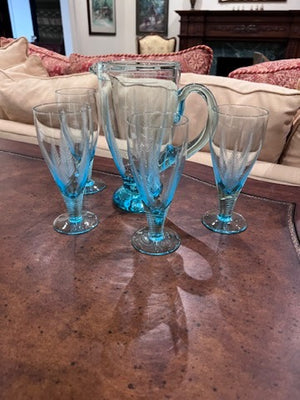 Vintage Blue Etched Glass Pitcher + 4 Glasses from Birks