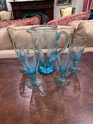 Vintage Blue Etched Glass Pitcher + 4 Glasses from Birks
