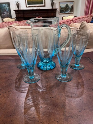 Vintage Blue Etched Glass Pitcher + 4 Glasses from Birks