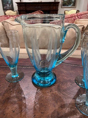 Vintage Blue Etched Glass Pitcher + 4 Glasses from Birks
