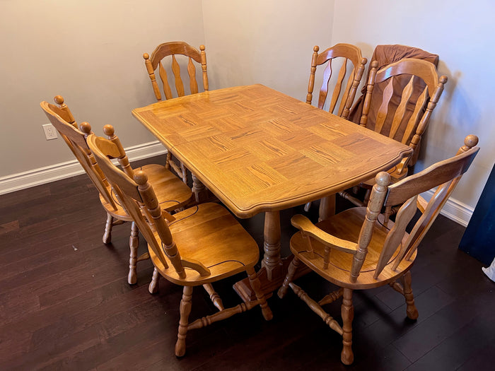 Solid Wood Dining Table & 6 Chairs (+ extra leaf)
