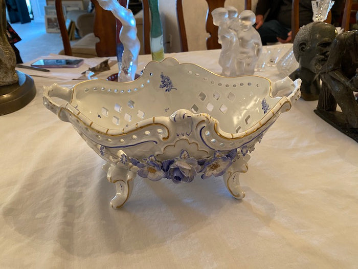 Dresden Handpainted Basket, Blue Floral Design on Feet