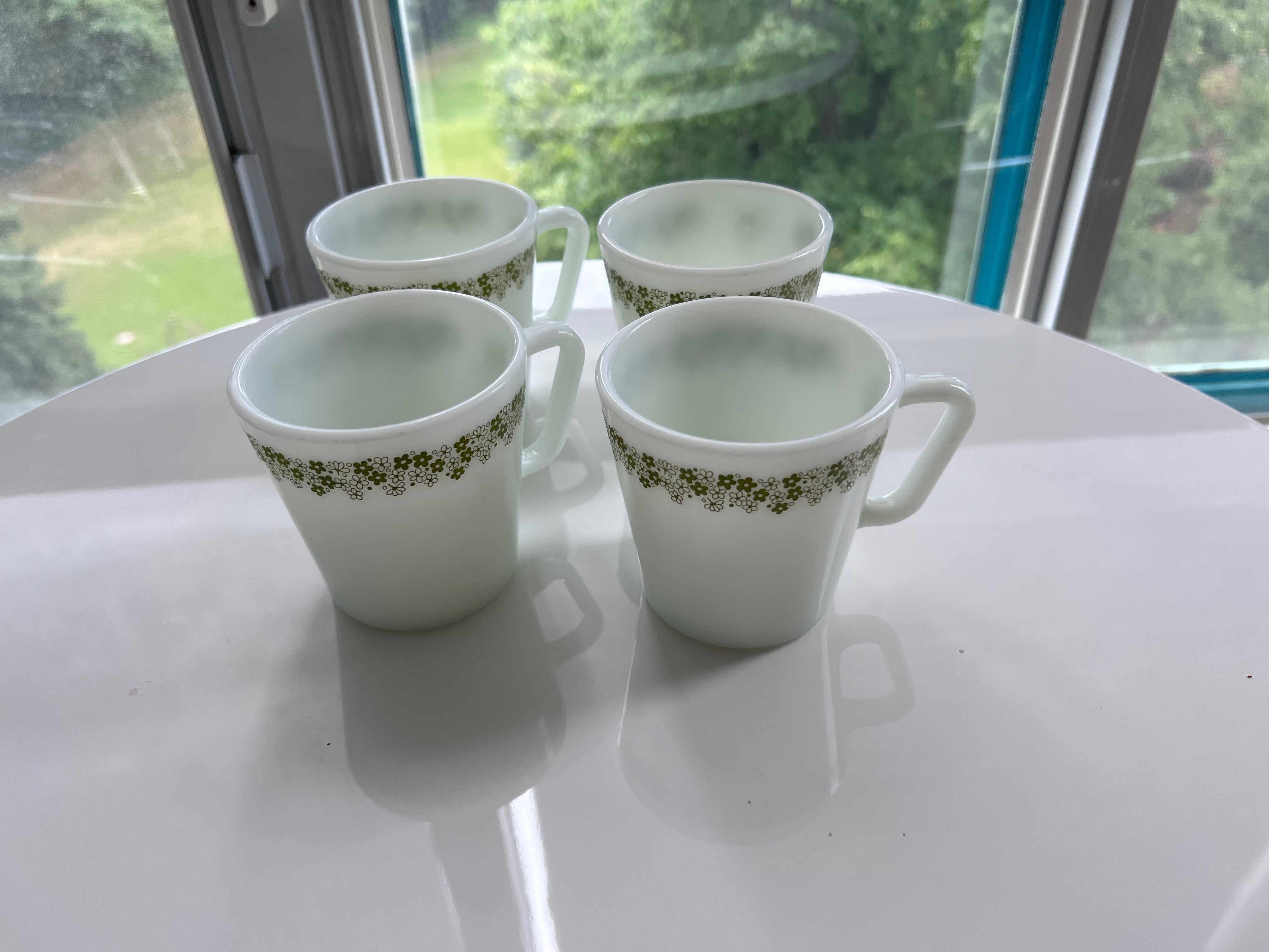4 Vintage PYREX Milk Glass Mugs- No. 1410 Spring Blossom Green