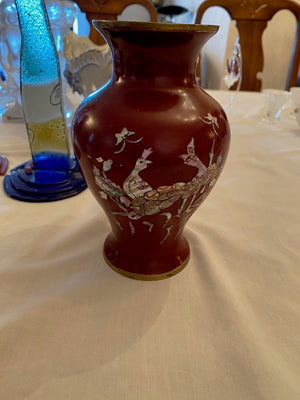 Red & Brass Vase with Mother of Pearl Inlay