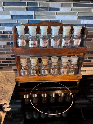 Vintage Spice Rack-  Glass Bottles, Wood Rack