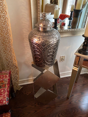 Metal Decorative Vase with Lid on a Geometric Stand