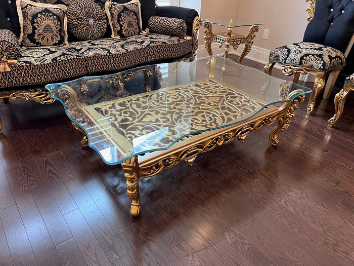 'Paradise Home Decor Furniture' Gold Wood Carved Glass Top Coffee Table