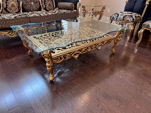 'Paradise Home Decor Furniture' Gold Wood Carved Glass Top Coffee Table
