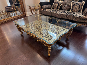 'Paradise Home Decor Furniture' Gold Wood Carved Glass Top Coffee Table