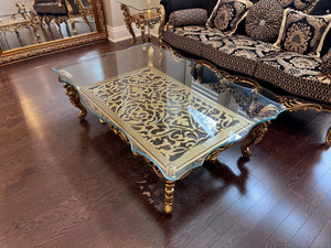 'Paradise Home Decor Furniture' Gold Wood Carved Glass Top Coffee Table