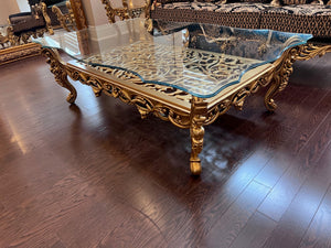 'Paradise Home Decor Furniture' Gold Wood Carved Glass Top Coffee Table