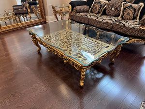 'Paradise Home Decor Furniture' Gold Wood Carved Glass Top Coffee Table