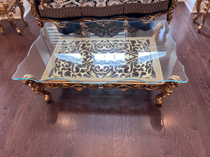'Paradise Home Decor Furniture' Gold Wood Carved Glass Top Coffee Table