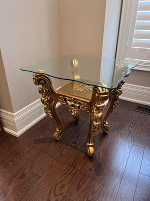 'Paradise Home Decor Furniture' Gold Wood Carved Glass Top Side Table