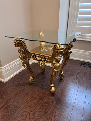 'Paradise Home Decor Furniture' Gold Wood Carved Glass Top Side Table
