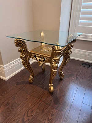 'Paradise Home Decor Furniture' Gold Wood Carved Glass Top Side Table