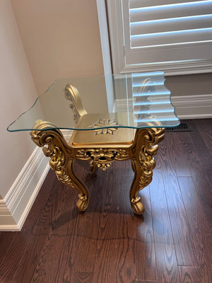 'Paradise Home Decor Furniture' Gold Wood Carved Glass Top Side Table