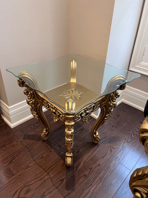 'Paradise Home Decor Furniture' Gold Wood Carved Glass Top Side Table
