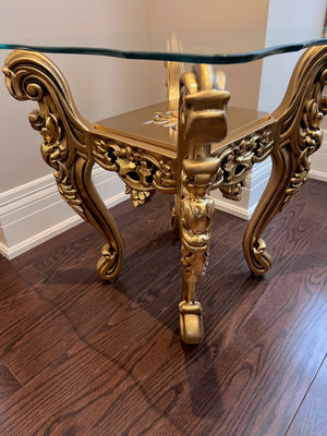 'Paradise Home Decor Furniture' Gold Wood Carved Glass Top Side Table