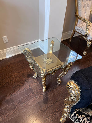 'Paradise Home Decor Furniture' Gold Wood Carved Glass Top Side Table