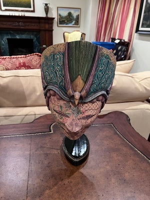 Batik Keri Carved Wood Mask on Stand from Bali