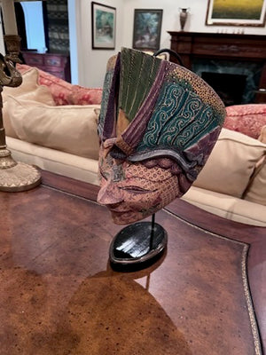 Batik Keri Carved Wood Mask on Stand from Bali