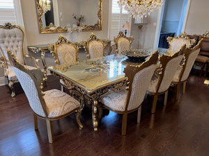 Beautiful 'Paradise Home Decor Furniture' Gold Wood Carved Dining Table w/Glass Top + 8 Matching Chairs (*Retail $10,000)