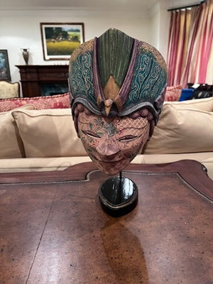 Batik Keri Carved Wood Mask on Stand from Bali