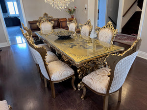 Beautiful 'Paradise Home Decor Furniture' Gold Wood Carved Dining Table w/Glass Top + 8 Matching Chairs (*Retail $10,000)