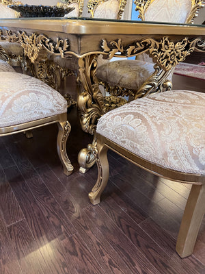 Beautiful 'Paradise Home Decor Furniture' Gold Wood Carved Dining Table w/Glass Top + 8 Matching Chairs (*Retail $10,000)
