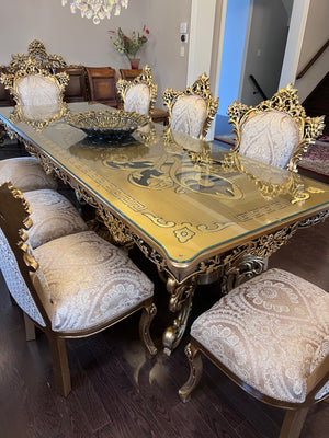 Beautiful 'Paradise Home Decor Furniture' Gold Wood Carved Dining Table w/Glass Top + 8 Matching Chairs (*Retail $10,000)