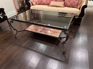 Large Glass Coffee Table, Wrought Iron Frame and Marble Base