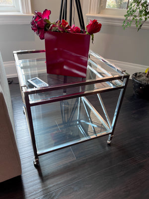 2-Tier Glass Side Table on Wheels