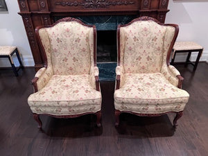 Pair of Beautiful Wingback Chairs, Carved Wood Frame, Upholstery by John & Chris Interiors