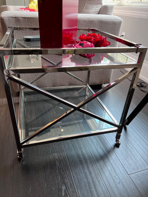 2-Tier Glass Side Table on Wheels