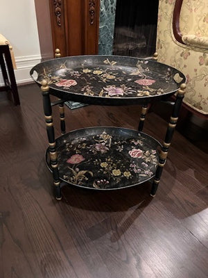 2-Tier Tray Side Table, Black with Floral Design