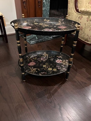 2-Tier Tray Side Table, Black with Floral Design