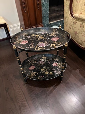 2-Tier Tray Side Table, Black with Floral Design