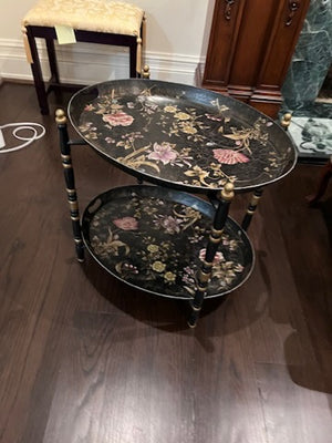 2-Tier Tray Side Table, Black with Floral Design