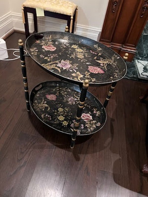 2-Tier Tray Side Table, Black with Floral Design