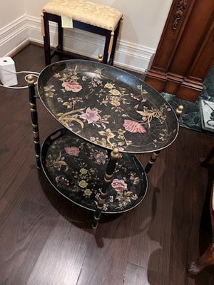 2-Tier Tray Side Table, Black with Floral Design