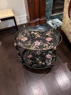 2-Tier Tray Side Table, Black with Floral Design