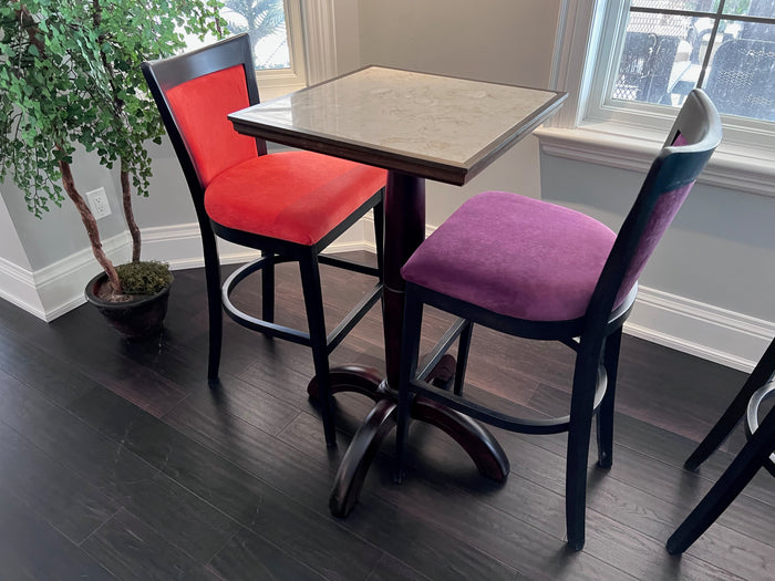 Cruiser Bar Table + Purple & Red Bar Stools