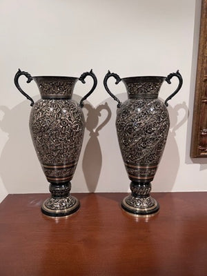Pair of Gold & Black Ornate Metal Vases