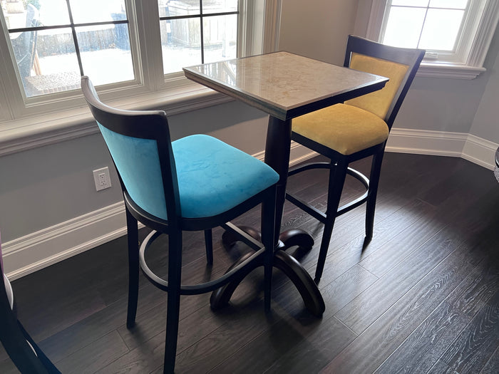 Cruiser Bar Table + Blue & Yellow Bar Stools